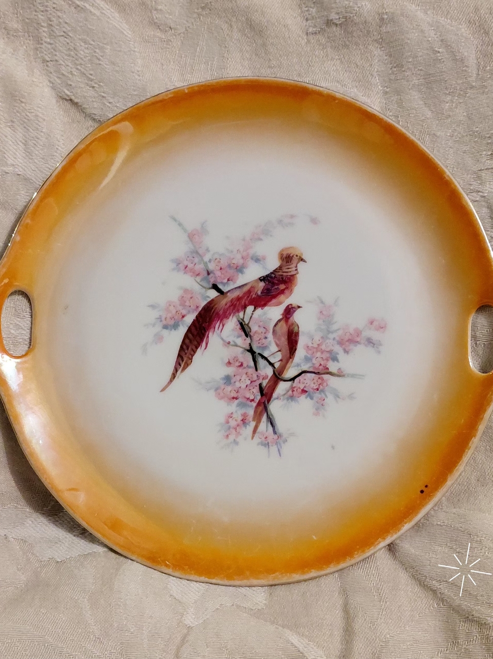 Vintage Czech Lusterware Handled Cake Plate Golden Pheasants Cherry Blossoms 10"